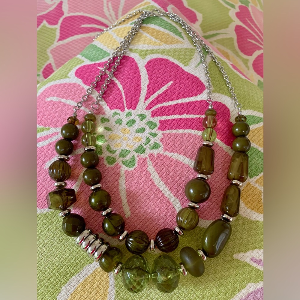 Chunky Olive And Sage Beaded Double Strand Bold Necklace Unique Textural Context
